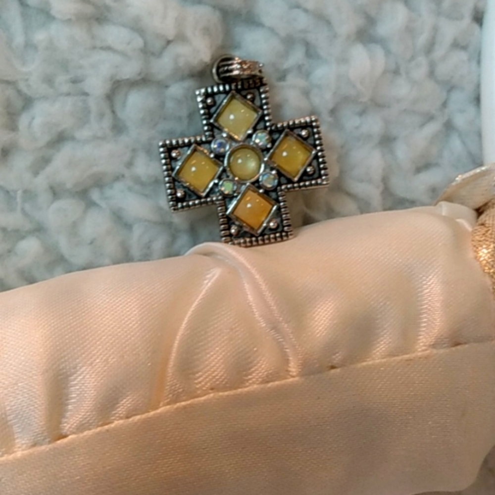 Little cross silver tone cream rhinestones